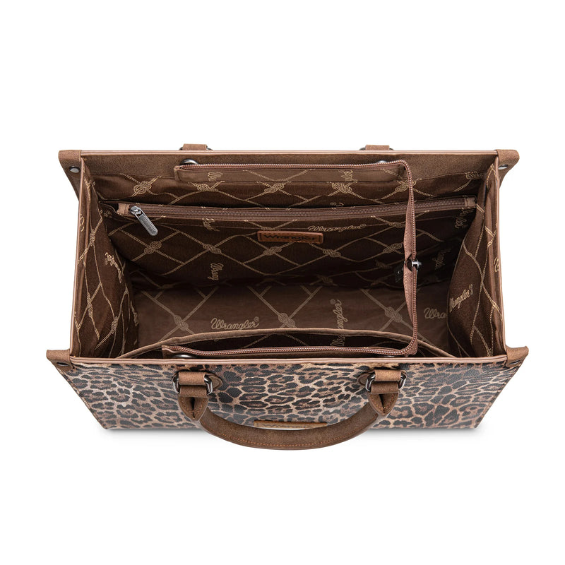 Load image into Gallery viewer, WG296-8625BR - Wrangler Leopard Print Wide Tote Bag/Crossbody- Brown
