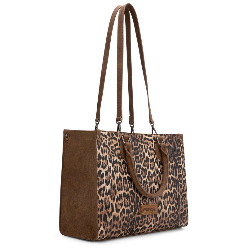 Load image into Gallery viewer, WG296-8625BR - Wrangler Leopard Print Wide Tote Bag/Crossbody- Brown
