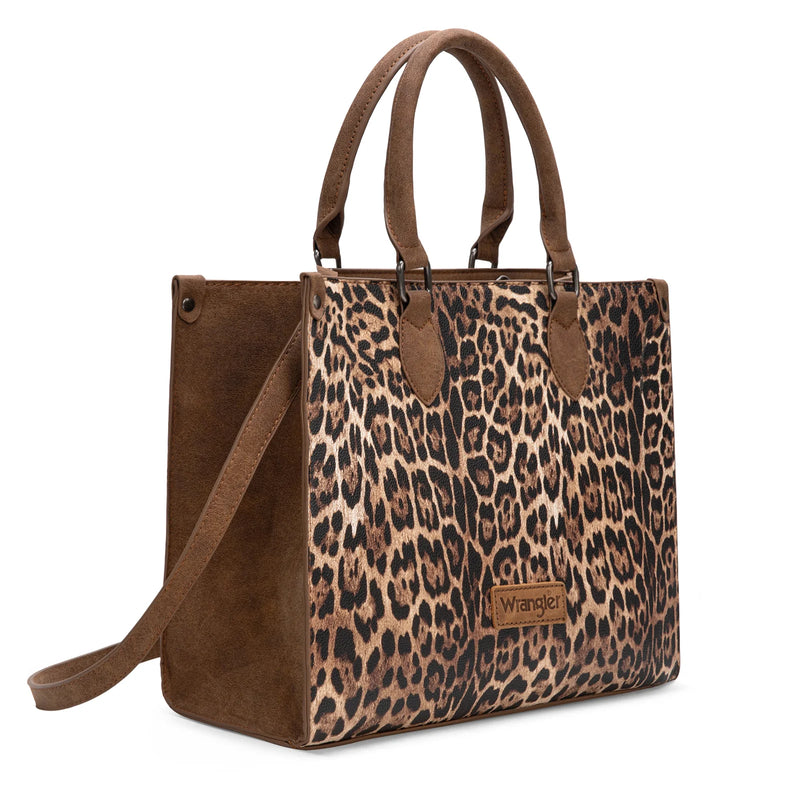 Load image into Gallery viewer, WG296-8625BR - Wrangler Leopard Print Wide Tote Bag/Crossbody- Brown
