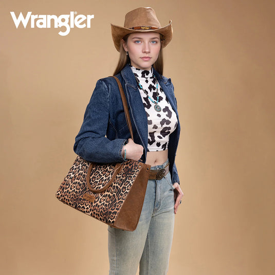 WG296-8625BR - Wrangler Leopard Print Wide Tote Bag/Crossbody- Brown