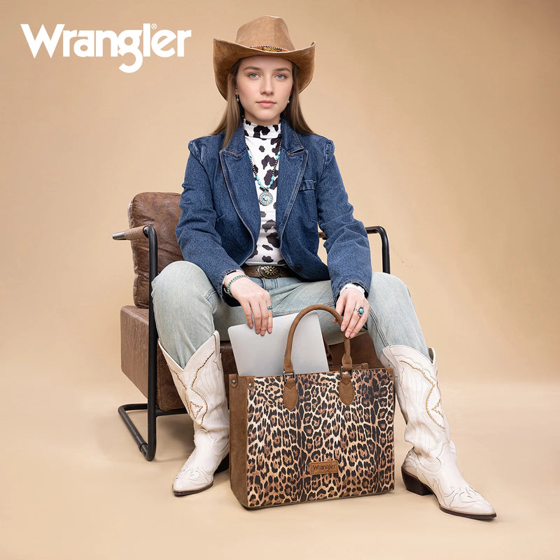 Load image into Gallery viewer, WG296-8625BR - Wrangler Leopard Print Wide Tote Bag/Crossbody- Brown
