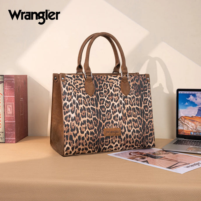 WG296-8625BR - Wrangler Leopard Print Wide Tote Bag/Crossbody- Brown