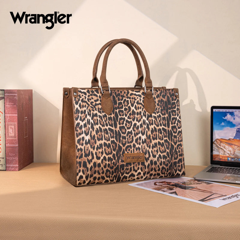 Load image into Gallery viewer, WG296-8625BR - Wrangler Leopard Print Wide Tote Bag/Crossbody- Brown
