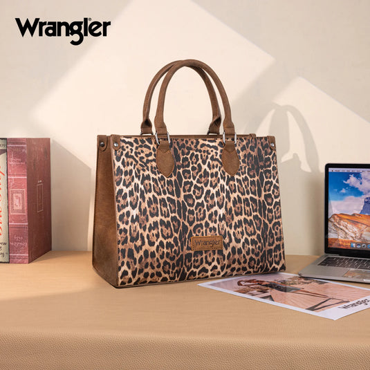 WG296-8625BR - Wrangler Leopard Print Wide Tote Bag/Crossbody- Brown