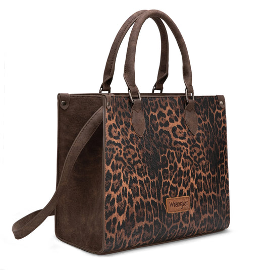 WG296-8625CF - Wrangler Leopard Print Wide Tote Bag/Crossbody- Coffee