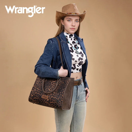 WG296-8625CF - Wrangler Leopard Print Wide Tote Bag/Crossbody- Coffee