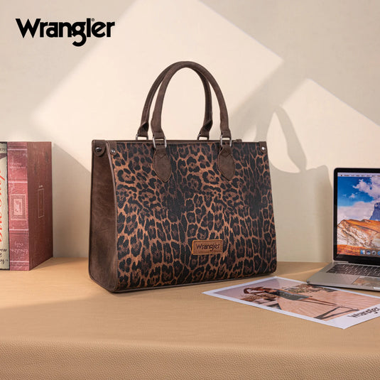 WG296-8625CF - Wrangler Leopard Print Wide Tote Bag/Crossbody- Coffee