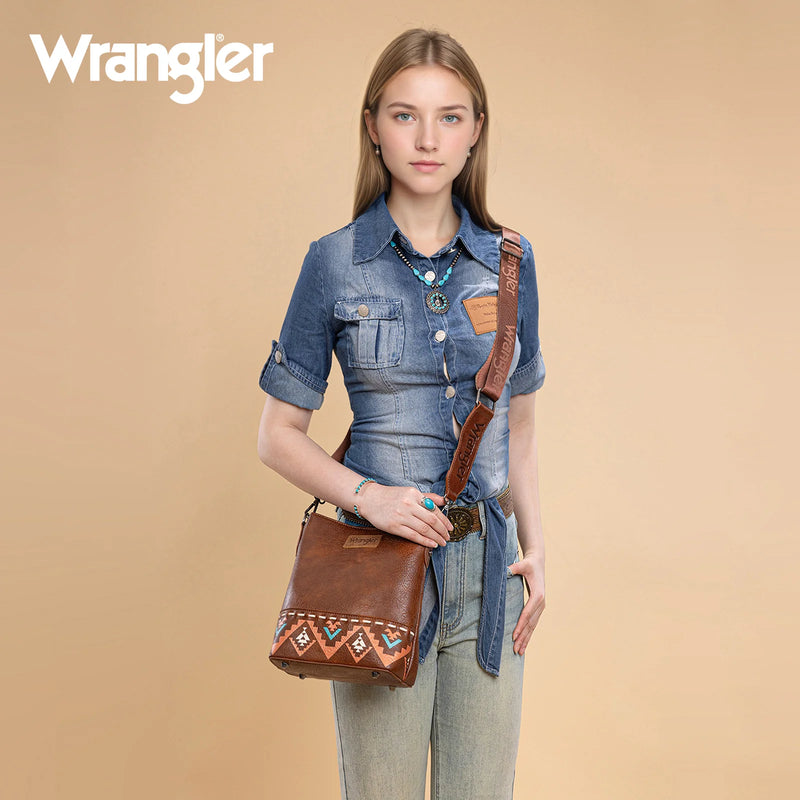 Load image into Gallery viewer, WG297G-8360BR - Wrangler Aztec Print Crossbody Bag - Brown
