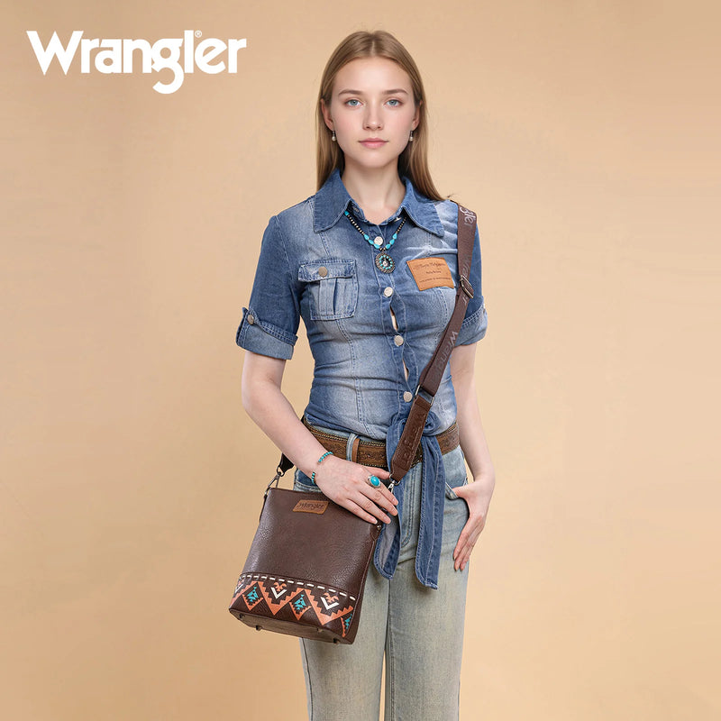 Load image into Gallery viewer, WG297G-8360CF - Wrangler Aztec Print Crossbody Bag - Coffee
