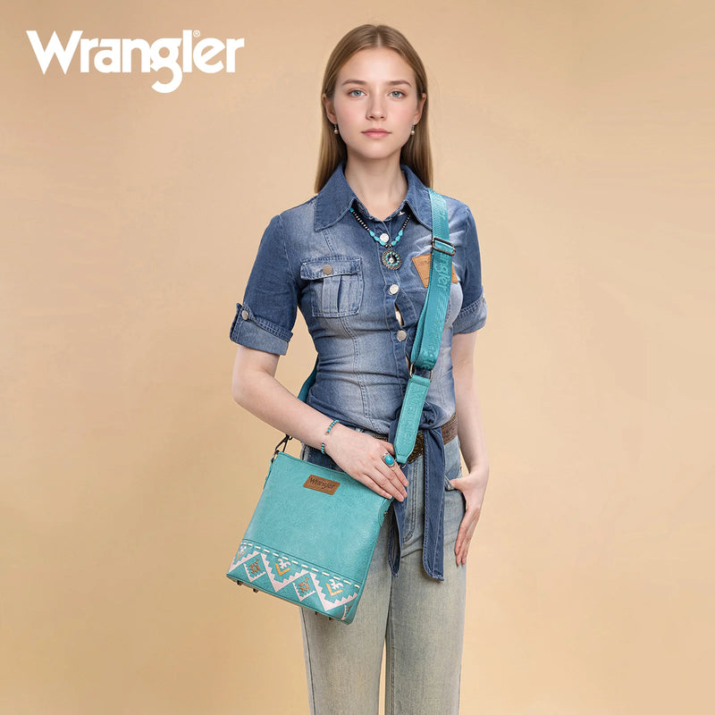 Load image into Gallery viewer, WG297G-8360TQ - Wrangler Aztec Print Crossbody Bag - Turquoise
