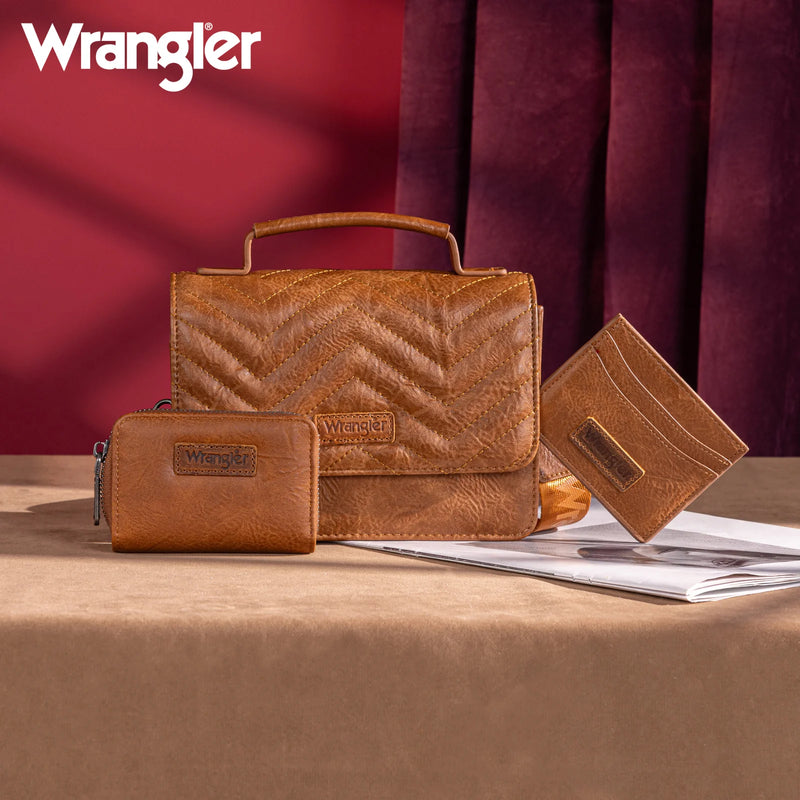 Load image into Gallery viewer, WG3-0056BR - Wrangler 3PCs Set Mini Top Handle Crossbody/Wallet/Card Case Set - Brown

