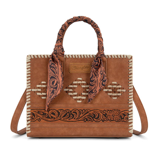 WG-HB-310-8120BR - Wrangler Whipstitch Aztec Satchel/Crossbody with Scarf Handle - Brown