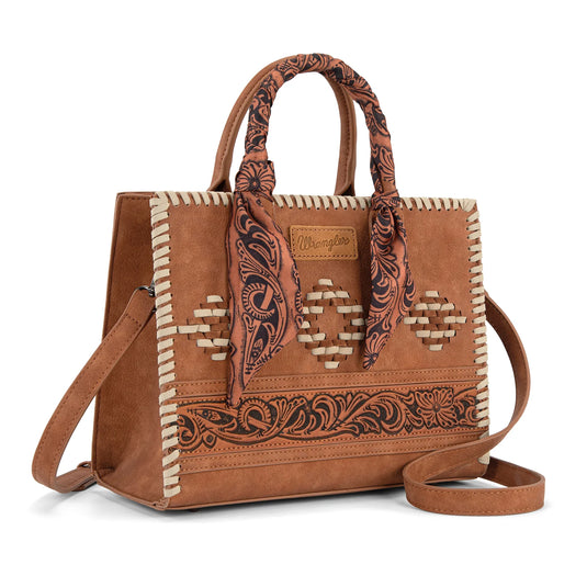 WG310-8120BR - Wrangler Whipstitch Aztec Satchel/Crossbody with Scarf Handle - Brown