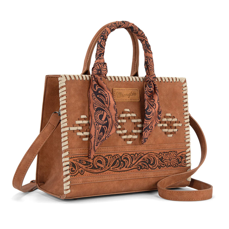 Load image into Gallery viewer, WG-HB-310-8120BR - Wrangler Whipstitch Aztec Satchel/Crossbody with Scarf Handle - Brown
