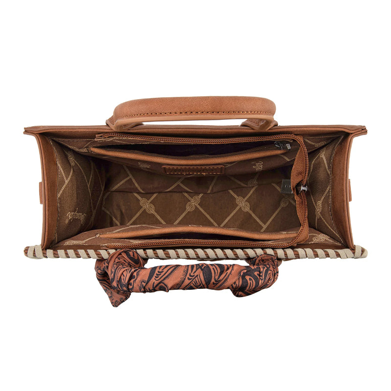 Load image into Gallery viewer, WG310-8120BR - Wrangler Whipstitch Aztec Satchel/Crossbody with Scarf Handle - Brown
