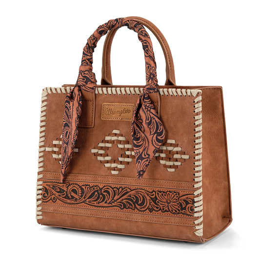 WG310-8120BR - Wrangler Whipstitch Aztec Satchel/Crossbody with Scarf Handle - Brown