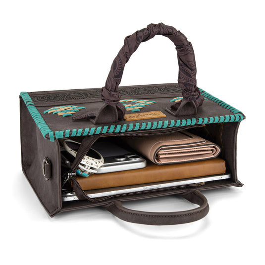 WG-HB-310-8120CF - Wrangler Whipstitch Aztec Satchel/Crossbody with Scarf Handle - Coffee