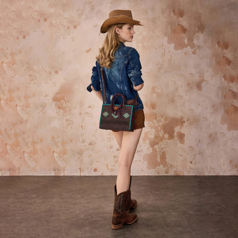 Load image into Gallery viewer, WG-HB-310-8120CF - Wrangler Whipstitch Aztec Satchel/Crossbody with Scarf Handle - Coffee
