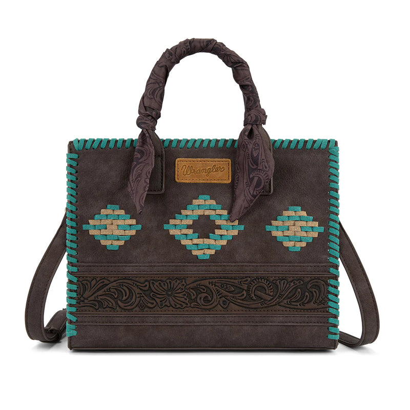 Load image into Gallery viewer, WG-HB-310-8120CF - Wrangler Whipstitch Aztec Satchel/Crossbody with Scarf Handle - Coffee
