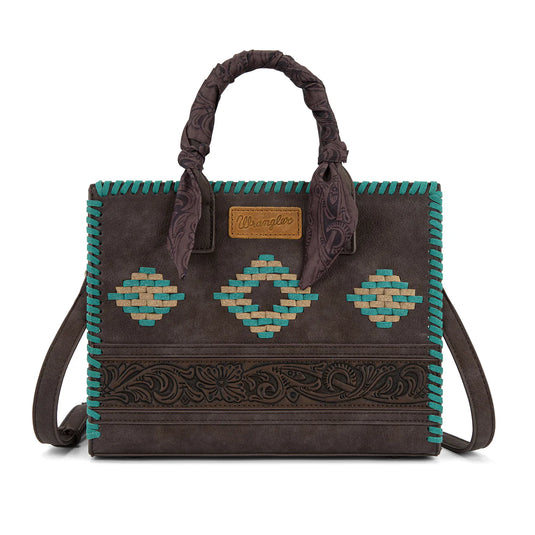 WG-HB-310-8120CF - Wrangler Whipstitch Aztec Satchel/Crossbody with Scarf Handle - Coffee