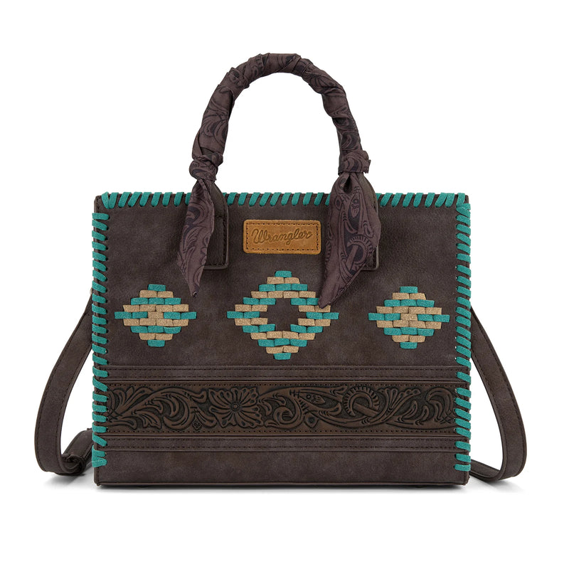 Load image into Gallery viewer, WG310-8120CF - Wrangler Whipstitch Aztec Satchel/Crossbody with Scarf Handle - Coffee
