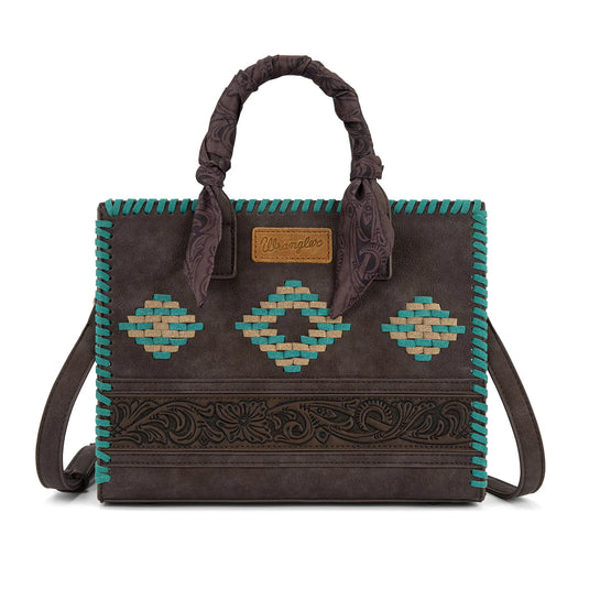 WG310-8120CF - Wrangler Whipstitch Aztec Satchel/Crossbody with Scarf Handle - Coffee