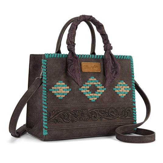 WG-HB-310-8120CF - Wrangler Whipstitch Aztec Satchel/Crossbody with Scarf Handle - Coffee