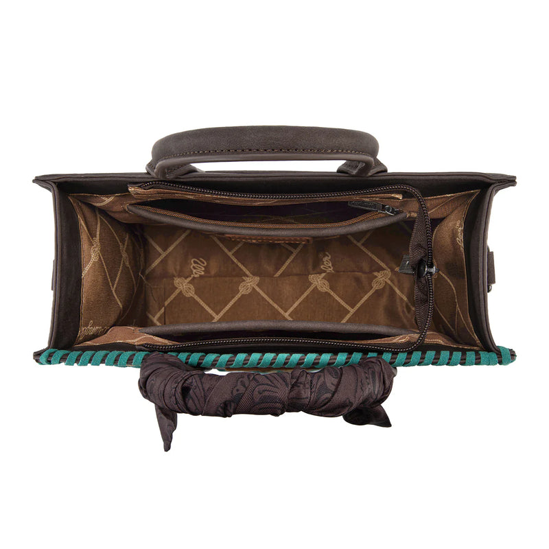 Load image into Gallery viewer, WG-HB-310-8120CF - Wrangler Whipstitch Aztec Satchel/Crossbody with Scarf Handle - Coffee
