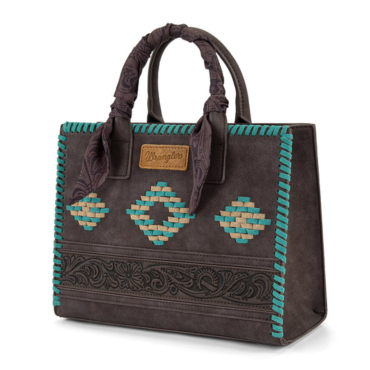 WG310-8120CF - Wrangler Whipstitch Aztec Satchel/Crossbody with Scarf Handle - Coffee