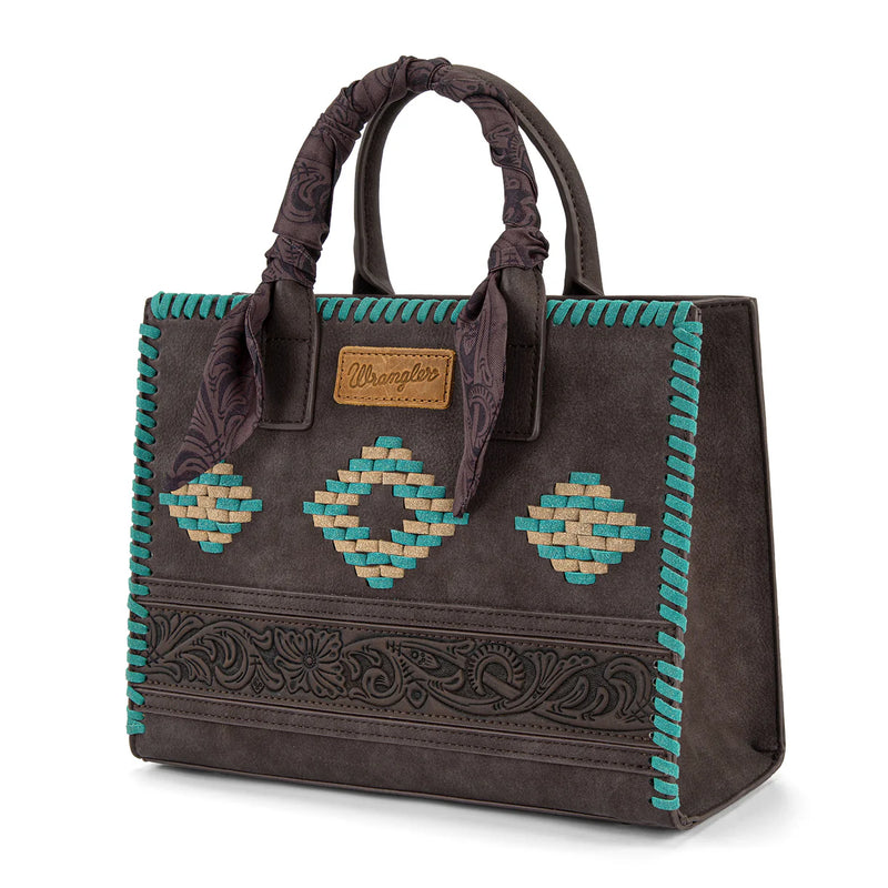 Load image into Gallery viewer, WG-HB-310-8120CF - Wrangler Whipstitch Aztec Satchel/Crossbody with Scarf Handle - Coffee
