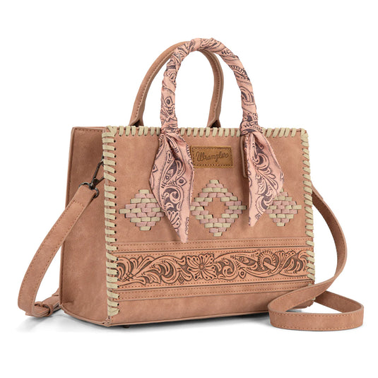 WG-HB-310-8120DPK - Wrangler Whipstitch Aztec Satchel/Crossbody with Scarf Handle - Dark Pink