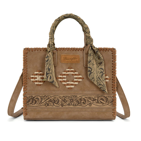 WG-HB-310-8120KH - Wrangler Whipstitch Aztec Satchel/Crossbody with Scarf Handle - Khaki
