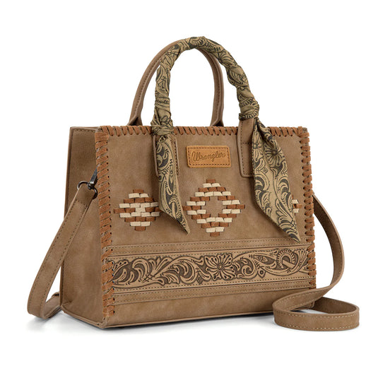 WG-HB-310-8120KH - Wrangler Whipstitch Aztec Satchel/Crossbody with Scarf Handle - Khaki