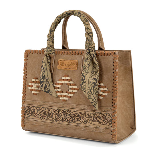 WG-HB-310-8120KH - Wrangler Whipstitch Aztec Satchel/Crossbody with Scarf Handle - Khaki