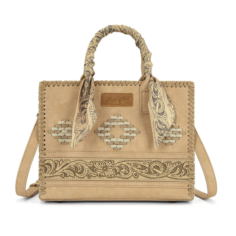 Load image into Gallery viewer, WG-HB-310-8120TN - Wrangler Whipstitch Aztec Satchel/Crossbody with Scarf Handle - Tan
