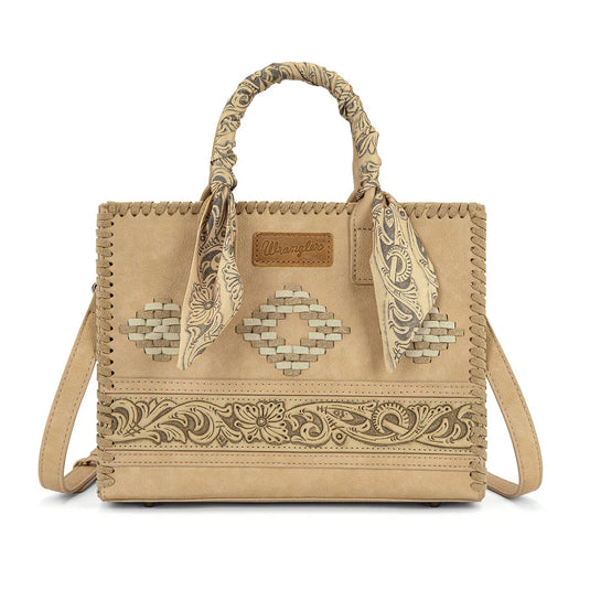 WG-HB-310-8120TN - Wrangler Whipstitch Aztec Satchel/Crossbody with Scarf Handle - Tan
