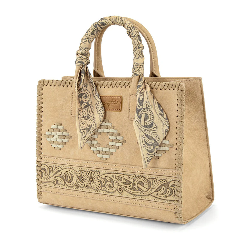 Load image into Gallery viewer, WG-HB-310-8120TN - Wrangler Whipstitch Aztec Satchel/Crossbody with Scarf Handle - Tan
