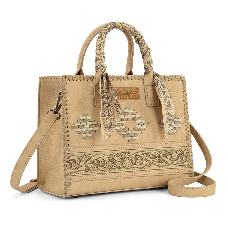 Load image into Gallery viewer, WG-HB-310-8120TN - Wrangler Whipstitch Aztec Satchel/Crossbody with Scarf Handle - Tan
