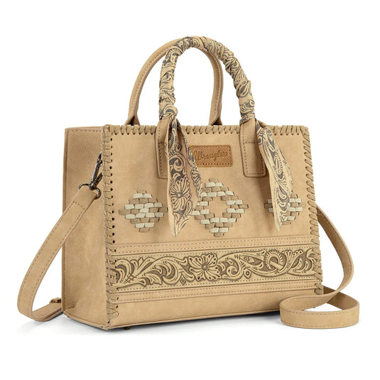 WG-HB-310-8120TN - Wrangler Whipstitch Aztec Satchel/Crossbody with Scarf Handle - Tan