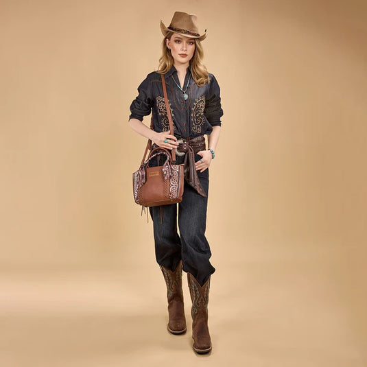 WG331-2005BR - Wrangler Braided Paisley Bandana Tote Bag - Brown