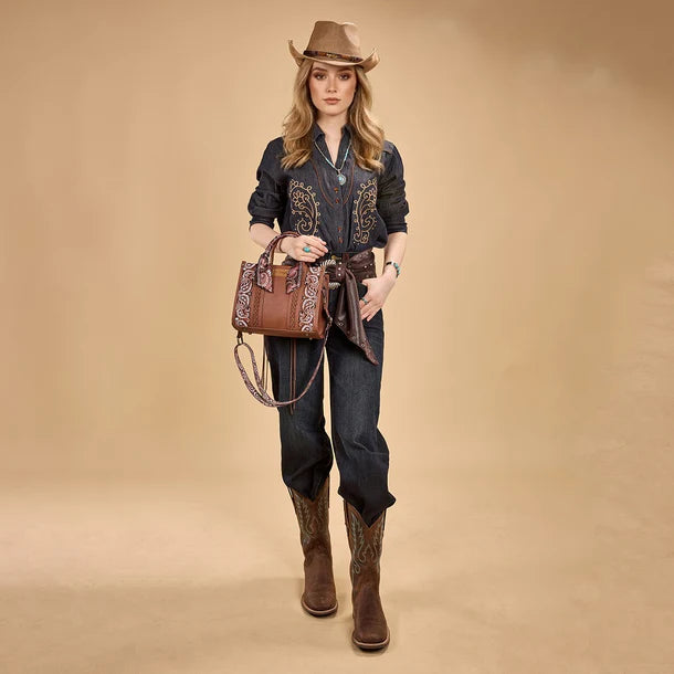 Load image into Gallery viewer, WG331-8120SBR - Wrangler Braided Paisley Bandana Tote Bag - Brown
