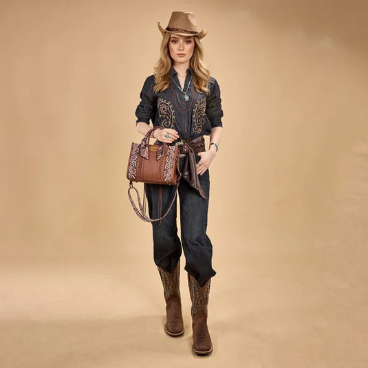 WG331-8120SBR - Wrangler Braided Paisley Bandana Tote Bag - Brown