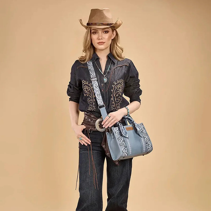 Load image into Gallery viewer, WG331-8120SJN - Wrangler Bandana Paisley Print Tote/Crossbody - Jean
