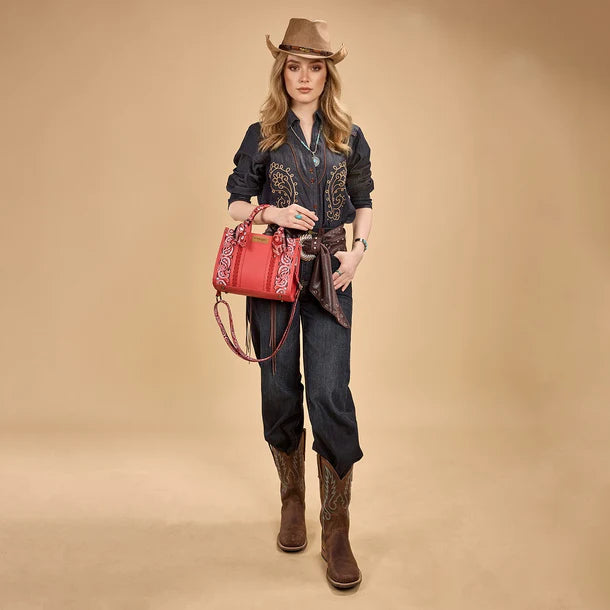 Load image into Gallery viewer, WG331-8120SRD - Wrangler Braided Paisley Bandana Tote Bag - Red
