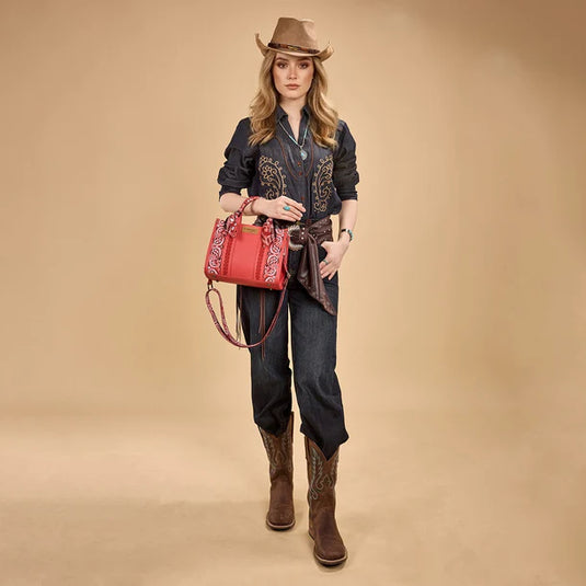 WG331-8120SRD - Wrangler Braided Paisley Bandana Tote Bag - Red