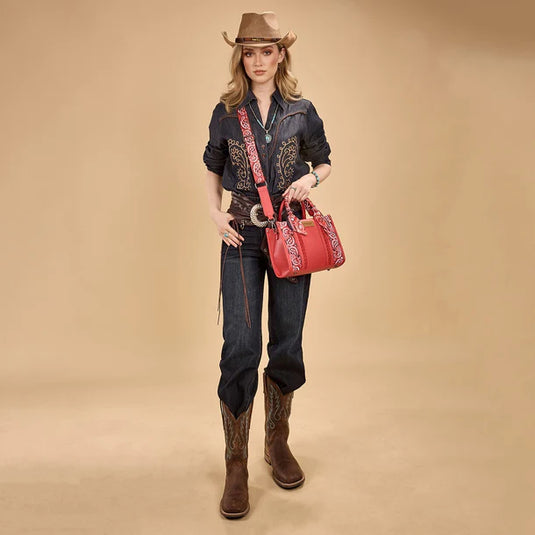 WG331-8120SRD - Wrangler Braided Paisley Bandana Tote Bag - Red