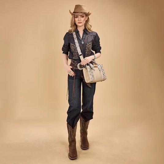 WG331-8120STN - Wrangler Braided Paisley Bandana Tote Bag - Tan