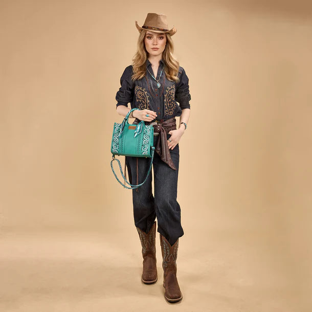 Load image into Gallery viewer, WG331-8120STQ - Wrangler Braided Paisley Bandana Tote Bag - Turquoise
