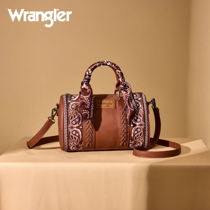 Load image into Gallery viewer, WG331-9012BR - Wrangler Bandana Paisley Print Barrel Crossbody - Brown
