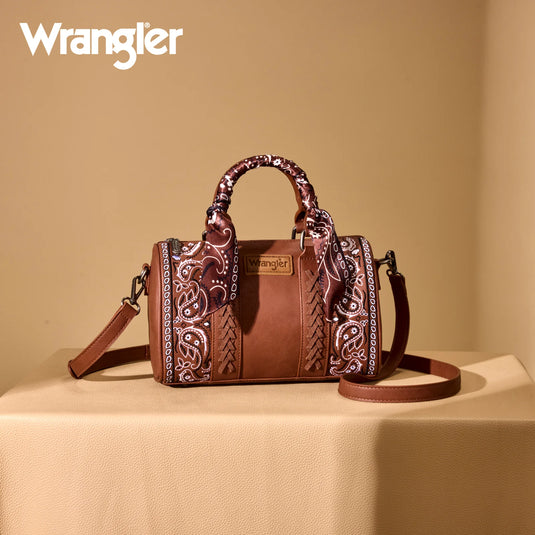 WG331-9012BR - Wrangler Bandana Paisley Print Barrel Crossbody - Brown